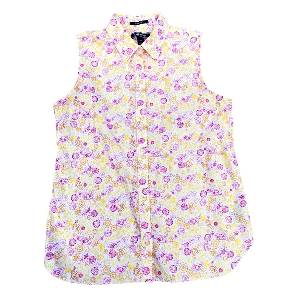 LANDS’END  women’s sleeveless top paisley pink yellow and white top shirt SZ 6